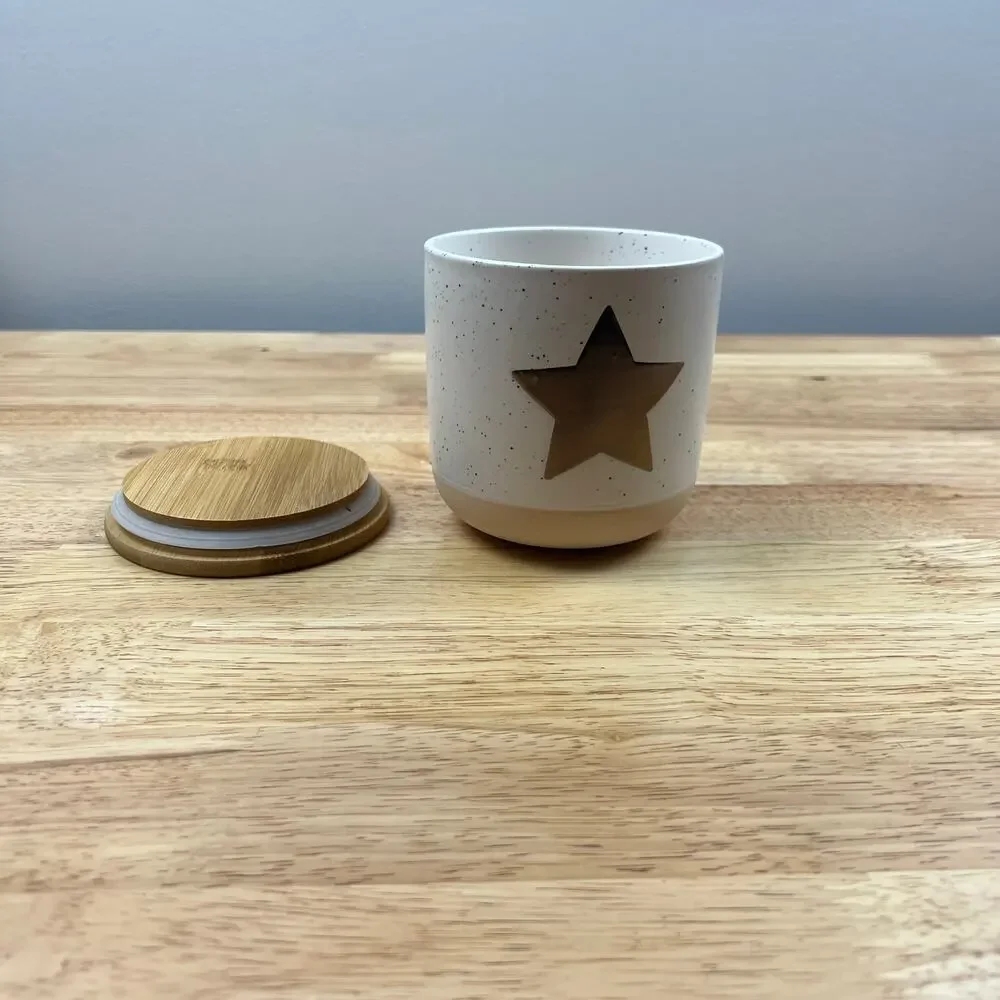 Speckled Ceramic Canister with Gold Star and Wood Lid - NWT